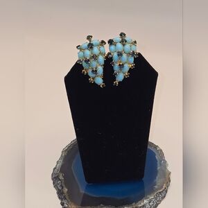 Vendome Dark Blue Rhinestone Faux Turquoise Clip On Vintage Cluster Earrings